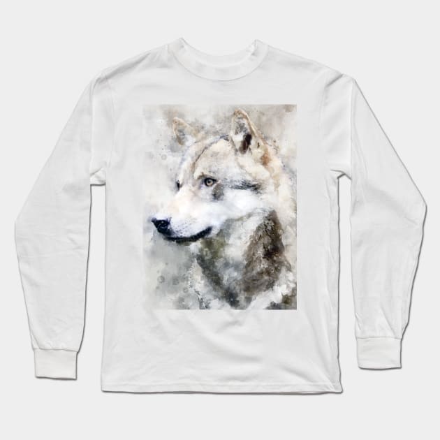 Dramabite Watercolor wolf wolves grey artsy artistic painting wildlife Long Sleeve T-Shirt by dramabite